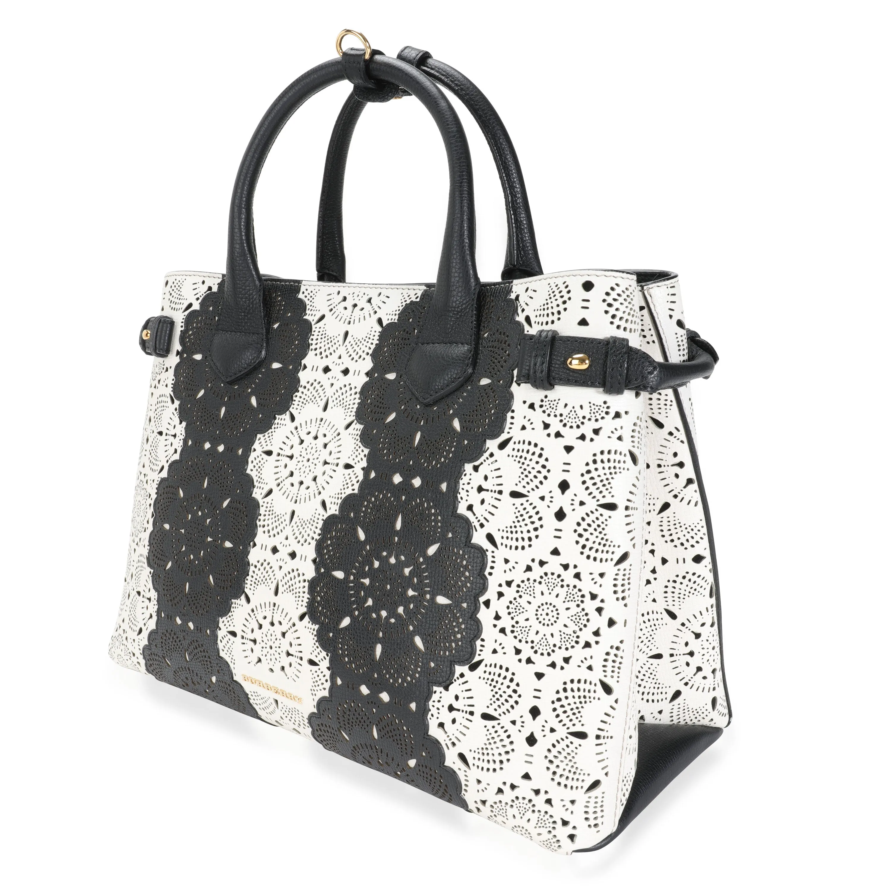 Burberry Black & White Laser-Cut Derby Leather Medium Banner Tote