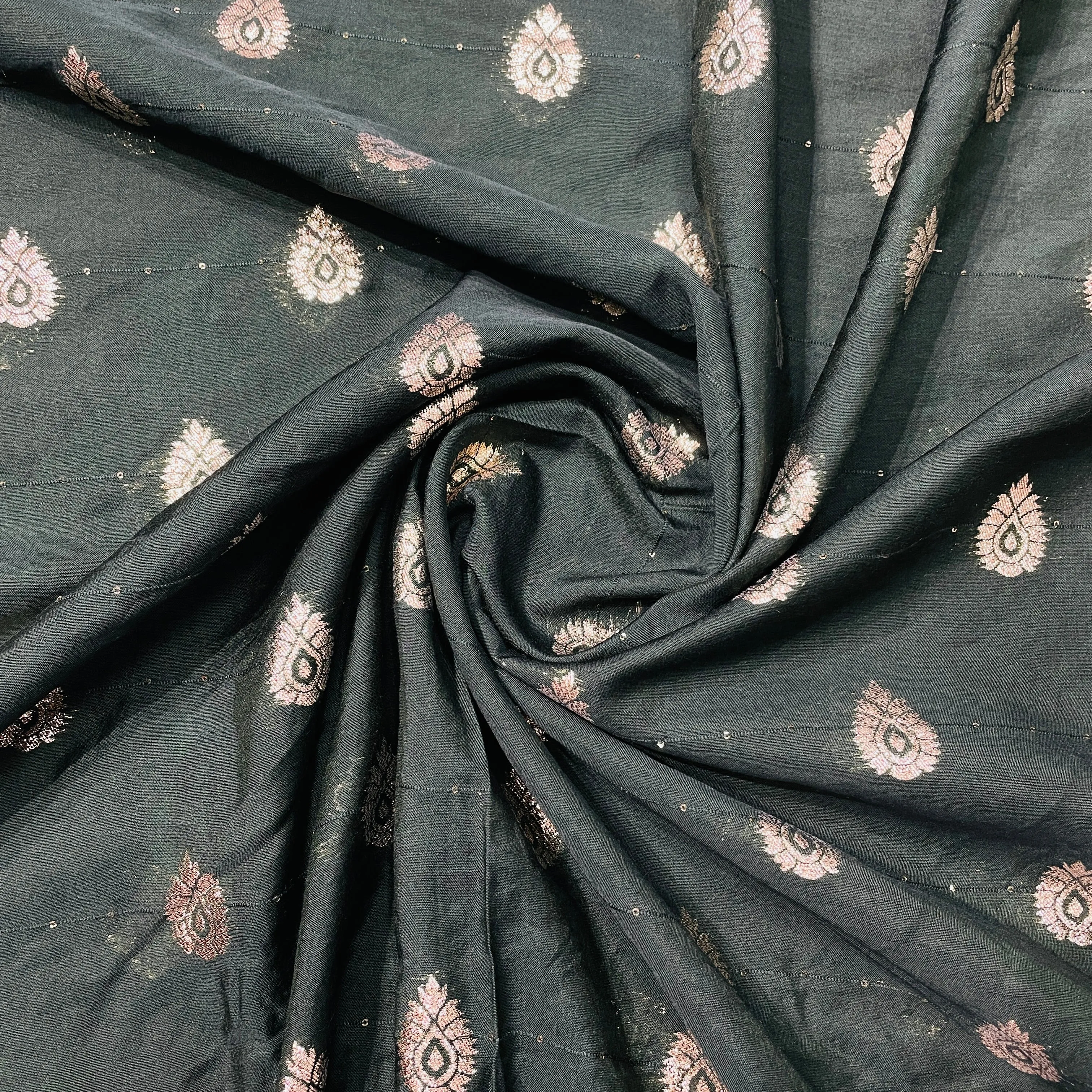 Dark Green Traditional Zari Embroidery Sequins Chanderi Fabric