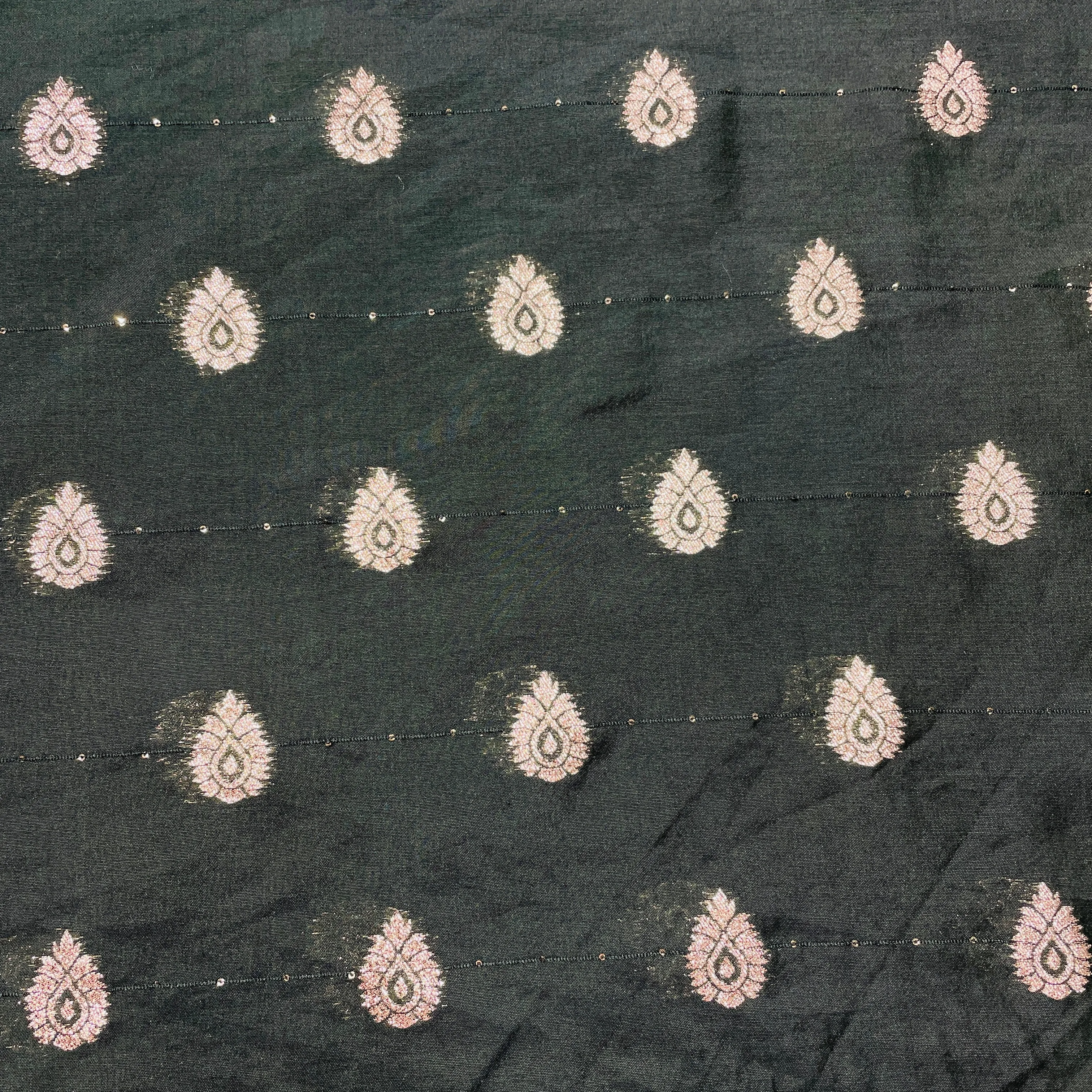 Dark Green Traditional Zari Embroidery Sequins Chanderi Fabric