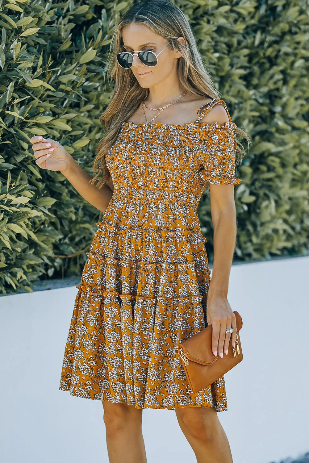 Floral Tiered Frill Trim Smocked Dress