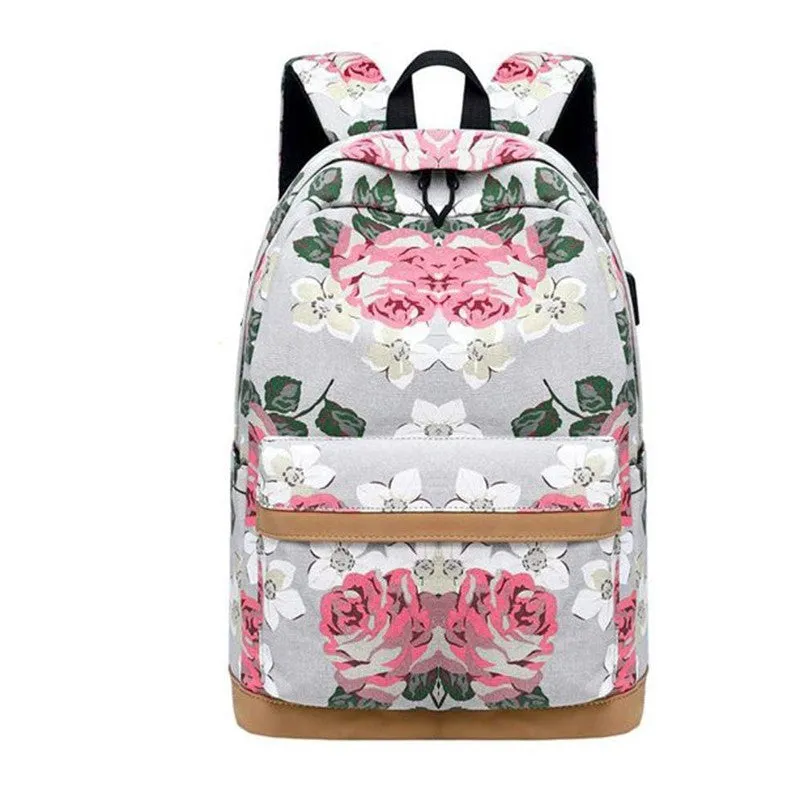 Grey Bloom Backpack with Lunch Bag & Stationery Pouch