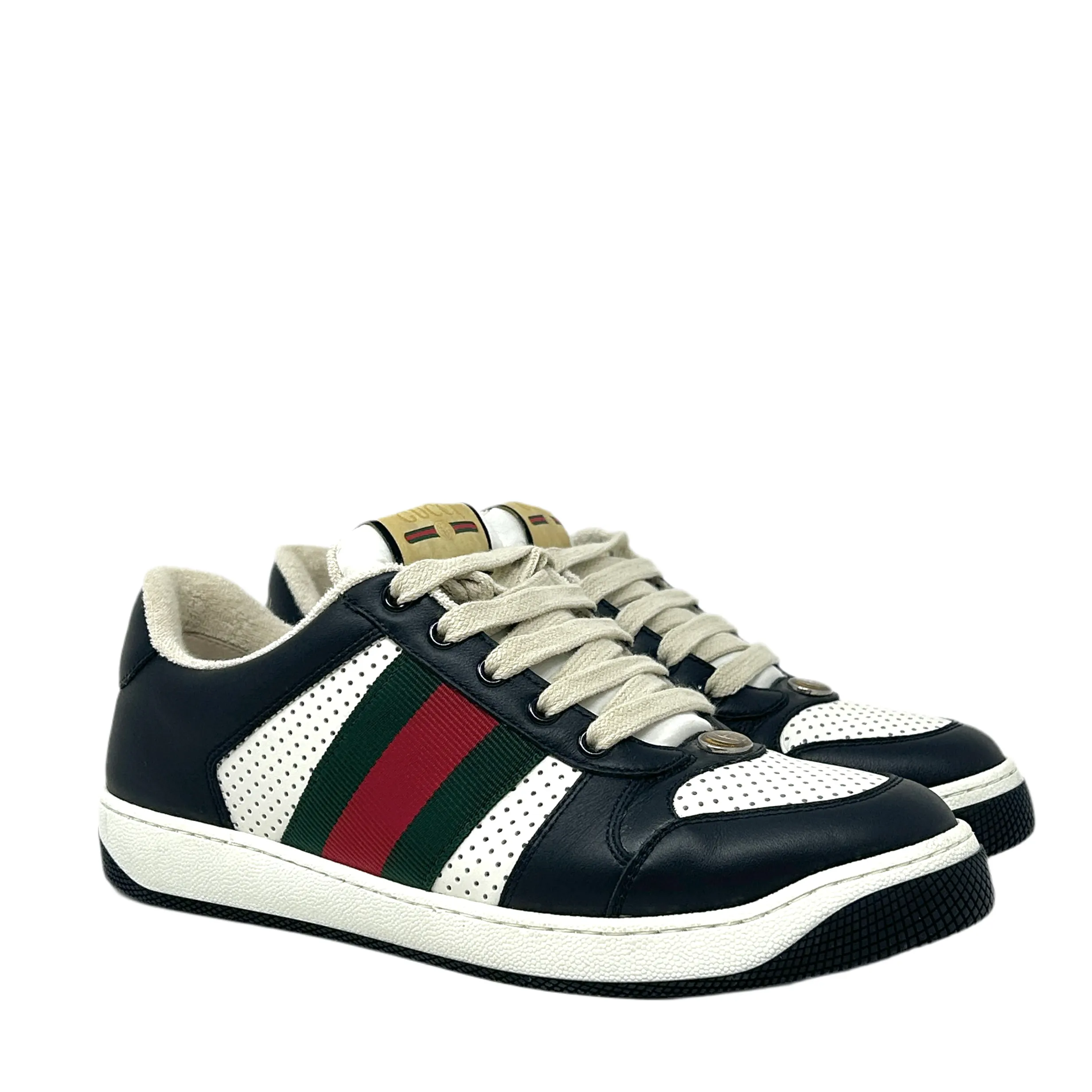 Gucci Screener Black And White Leather Web Stripe Low Top Sneakers Mens 40 UK 6