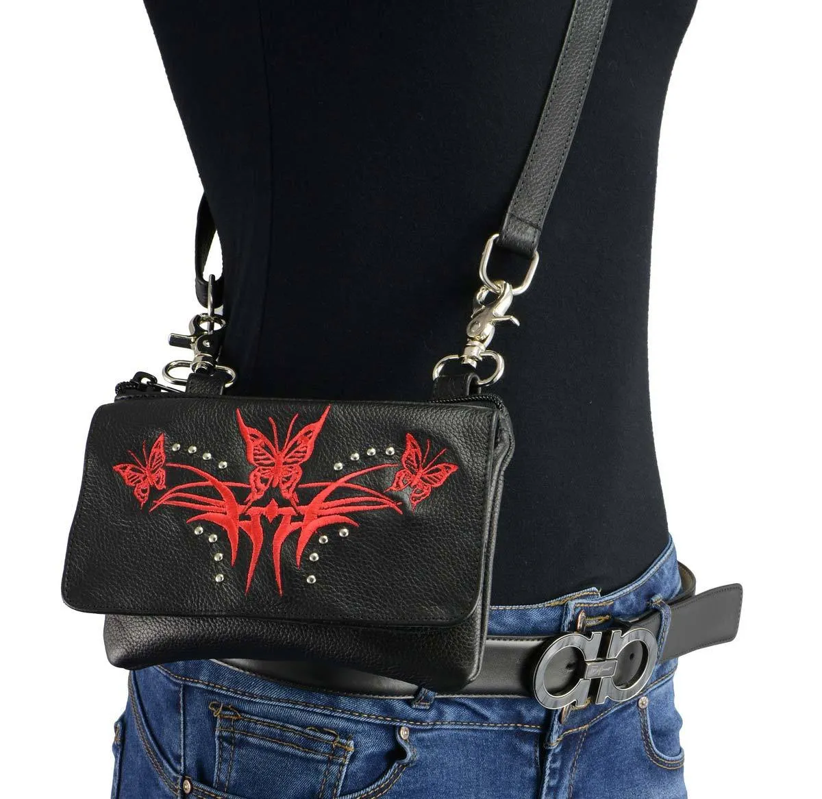 Milwaukee Leather MP8851 Women's Black and Red Leather Multi Pocket Belt Bag