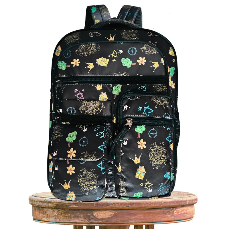 School Bag Backpack for Kids | Doodle Art Design Black - 16 Inches