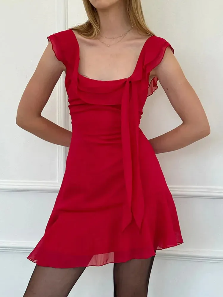 Solid Summer Women's 2024 New French Ribbon Skinny Sleeveless Backless High Waist A-line Mini Dress