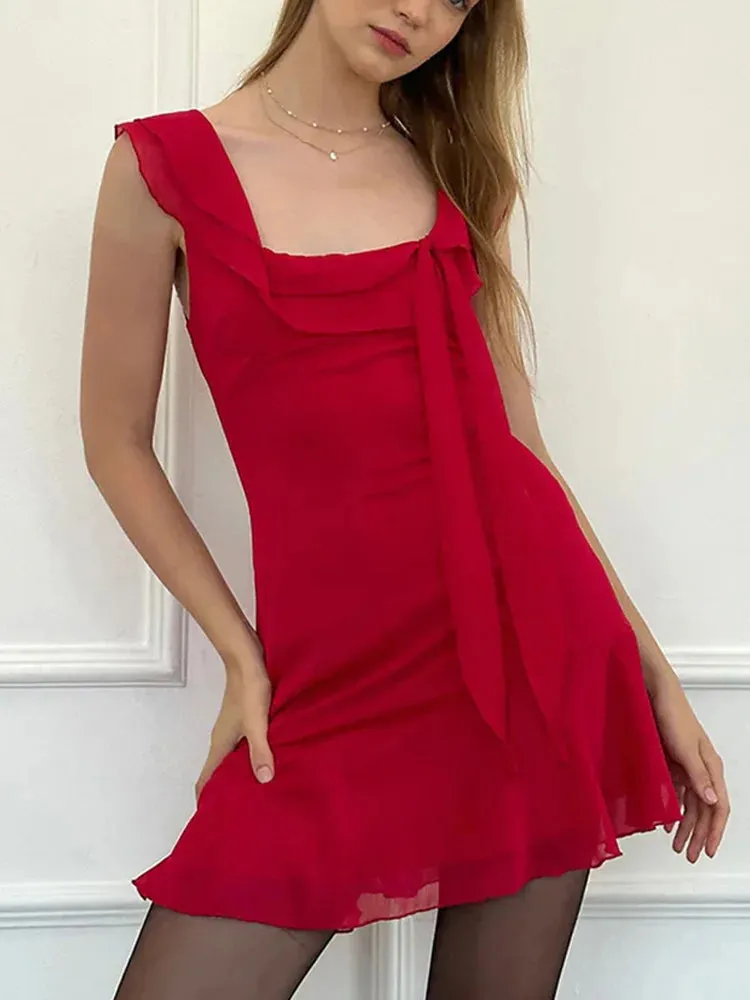 Solid Summer Women's 2024 New French Ribbon Skinny Sleeveless Backless High Waist A-line Mini Dress