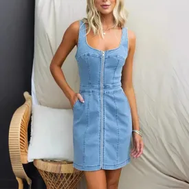 Summer Women's 2024 New Skinny Casual Zipper Pocket Denim Sexy Backless Sleeveless Mini Dress