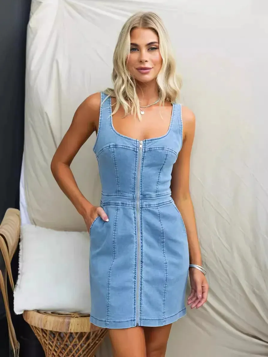 Summer Women's 2024 New Skinny Casual Zipper Pocket Denim Sexy Backless Sleeveless Mini Dress