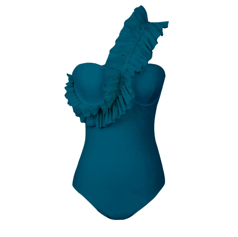 TEEK - Rippled Ruffle Fallen Shoulder Strap Swimsuit