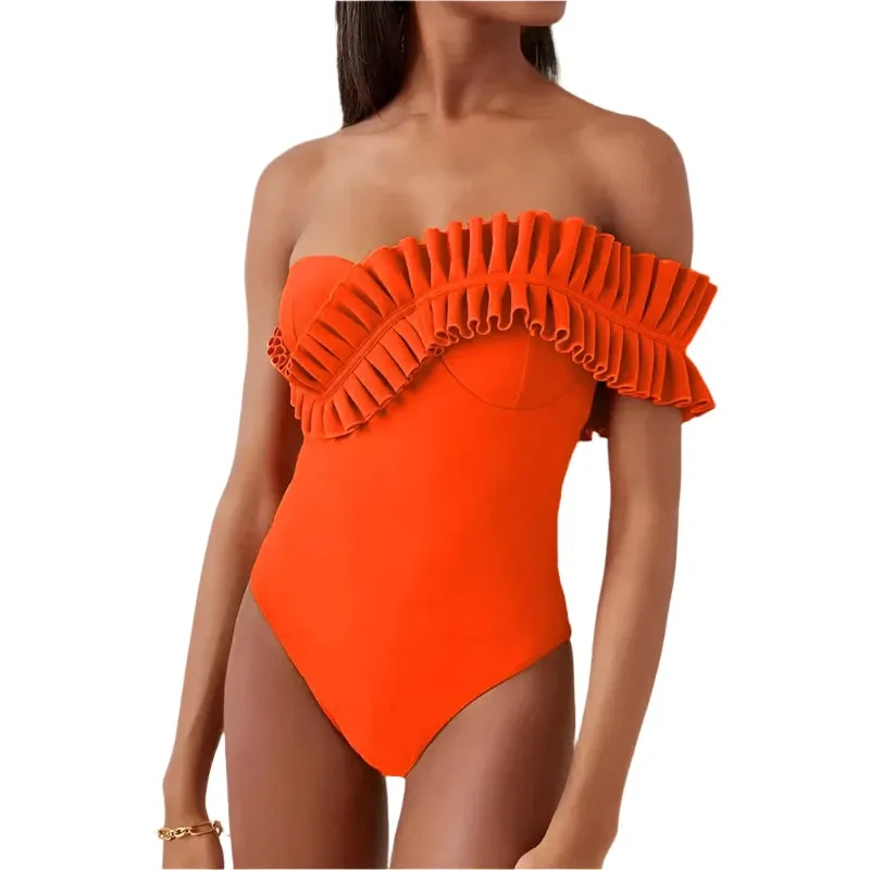 TEEK - Rippled Ruffle Fallen Shoulder Strap Swimsuit