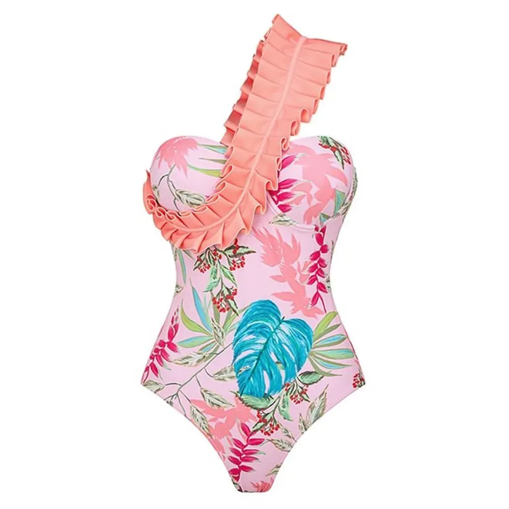 TEEK - Rippled Ruffle Fallen Shoulder Strap Swimsuit