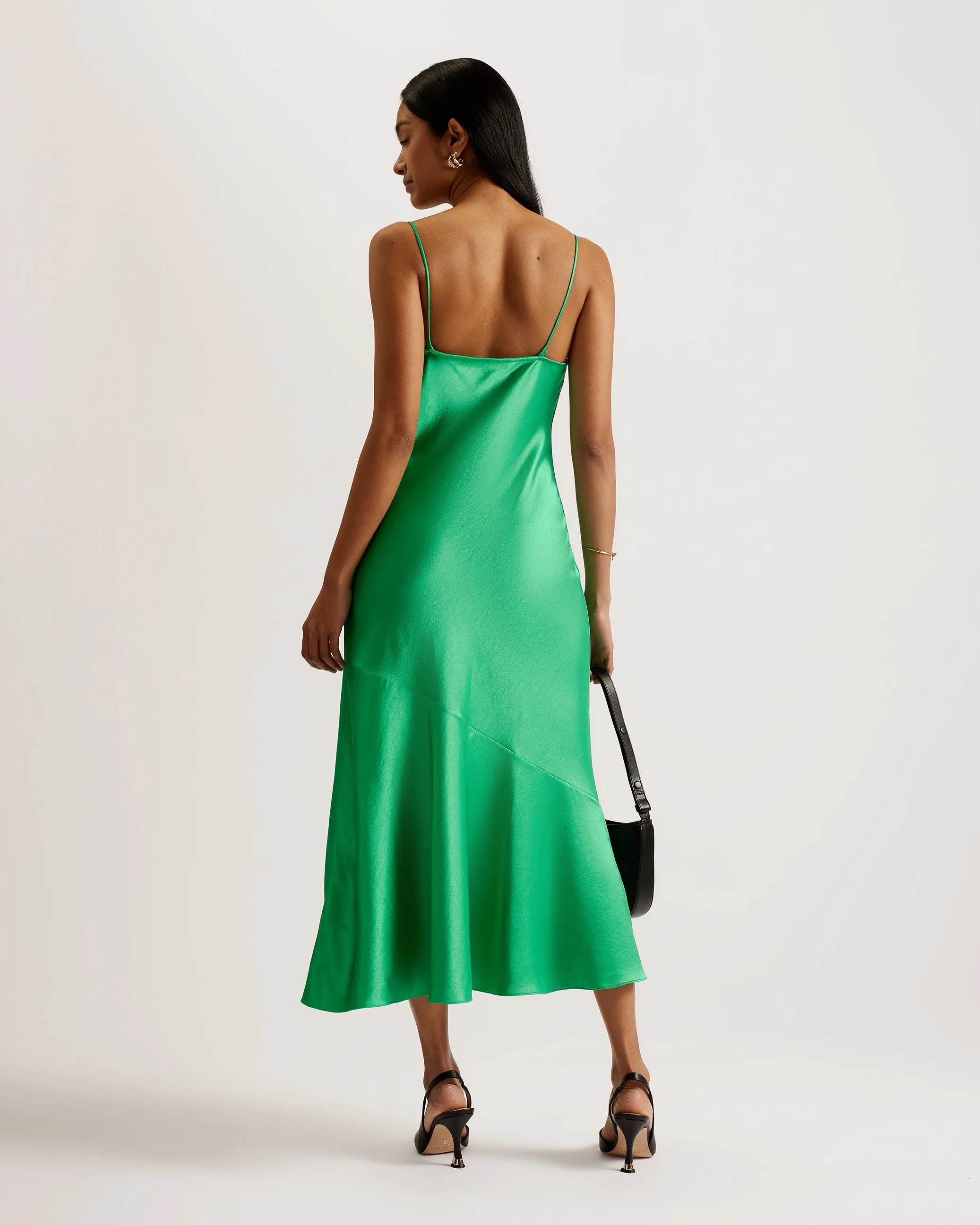 Tunca Satin Cowl Neck Evening Midi Dress Green