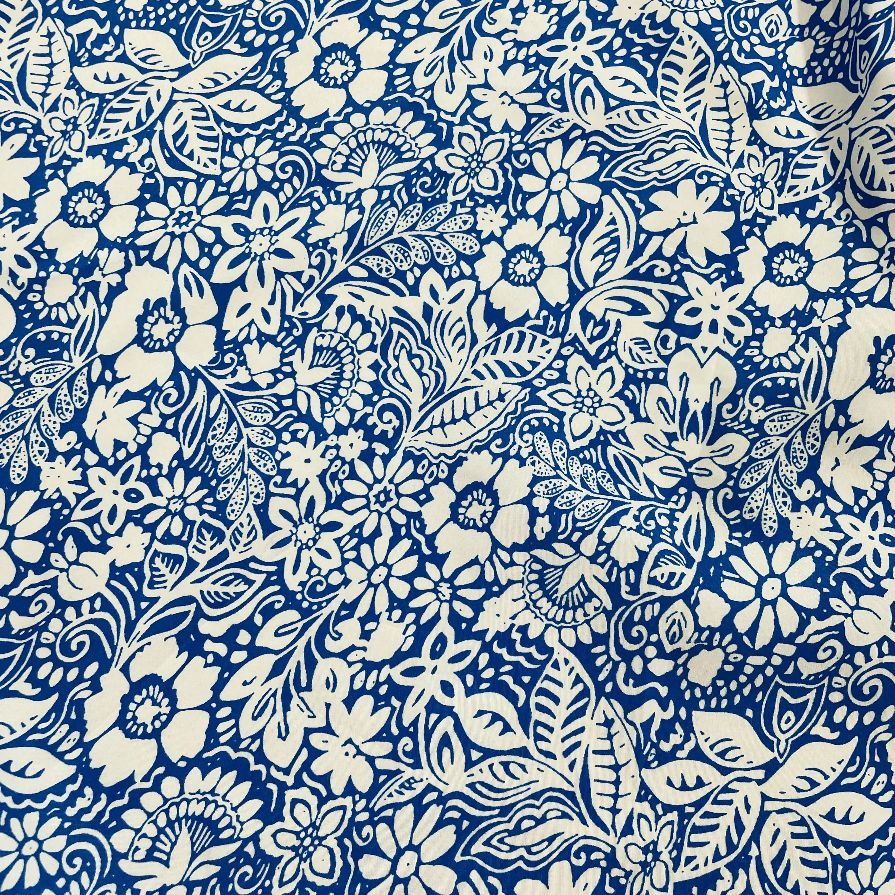 White & Blue Floral Print Crepe Fabric