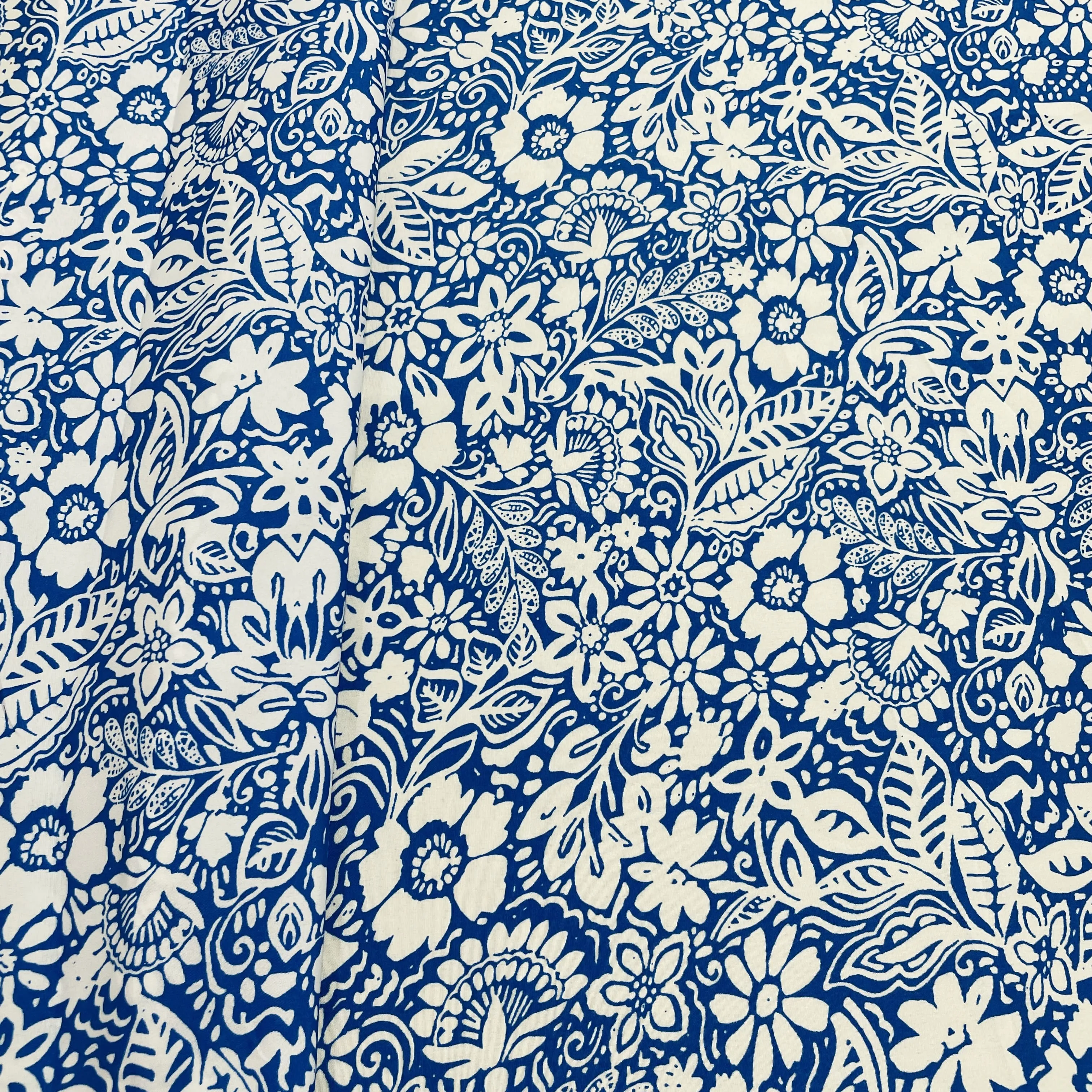 White & Blue Floral Print Crepe Fabric