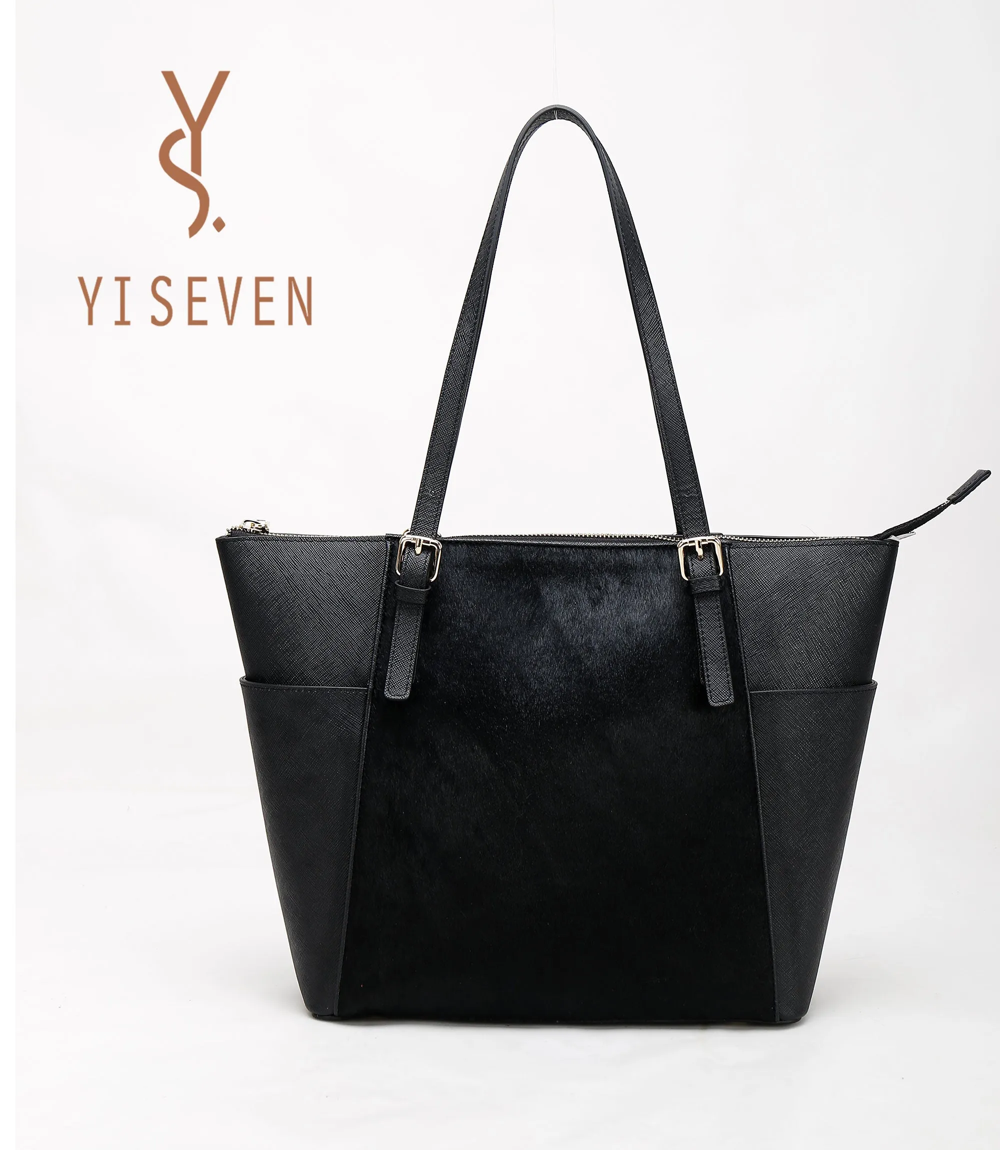 YISEVEN Womens Black Leather Handbag, Genuine Cowhide & Horse Hair