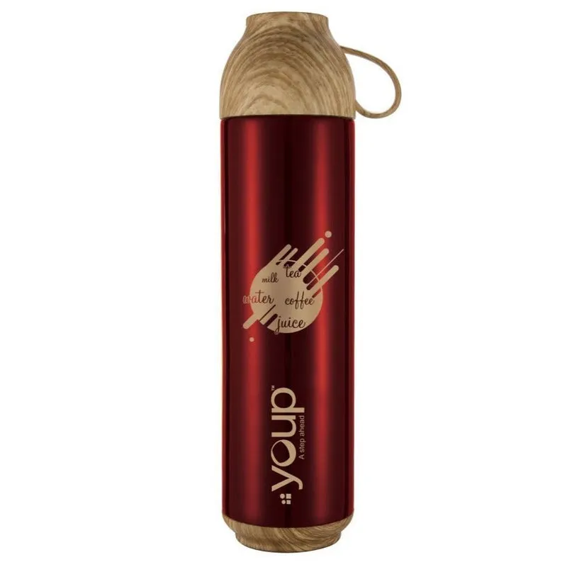 Youp Thermosteel Insulated Red Color Water Bottle with handle containing cup cap - 500 ml